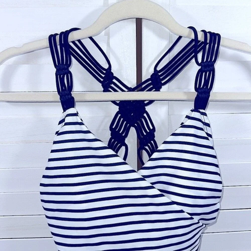Kona Sol One Piece Shirred Navy Blue Stripe Swimsuit Small NWOT